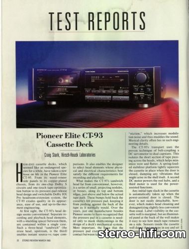 Więcej informacji o „Pioneer(Elite) CT-93 test Stereo Review(usa) 3-1992”