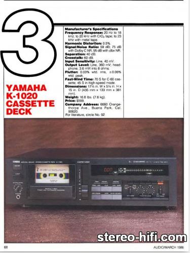 Więcej informacji o „Yamaha K-1020 test Audio(usa) 3-1986”